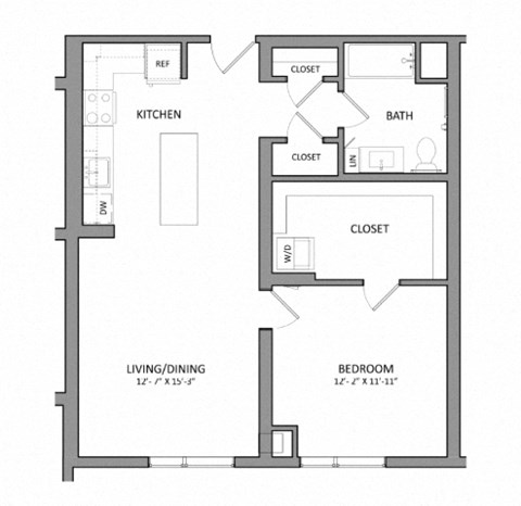 Floor plan for 1 bed, 1 bath, 735 sqft